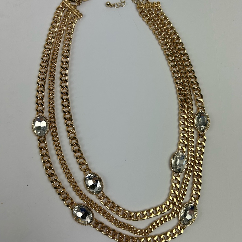Natasha Elegant Gold 3 Chain Necklace Gem Accents Old Money Vibes 18” - Picture 2 of 6